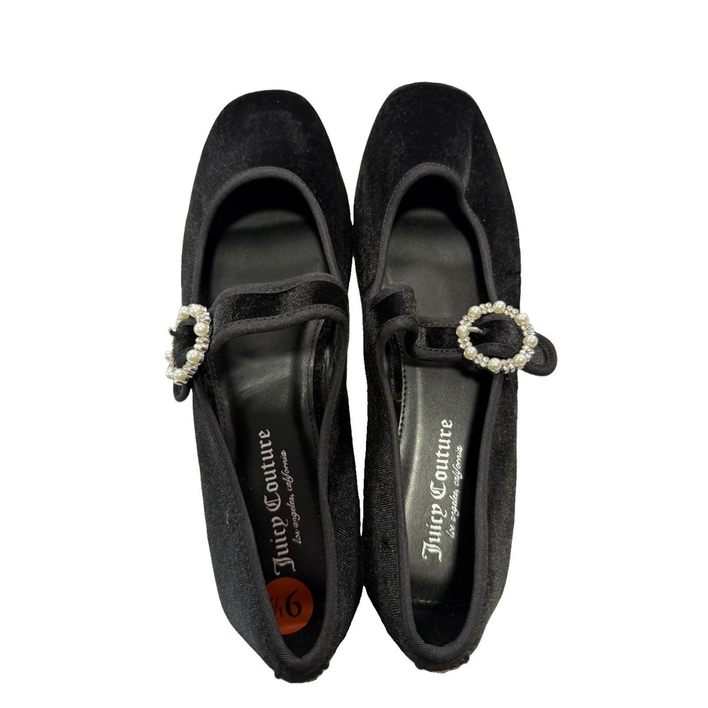Juicy Couture Black Velvet Mary Jane Flats Pearl Buckle Square Toe Women's 9 1/2